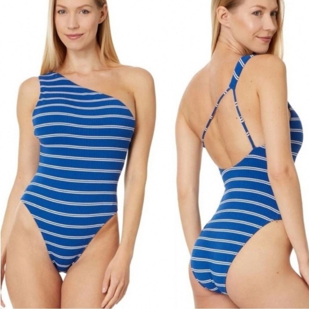 Madewell Womens Blue White Striped One Shoulder Ribbed One Piece Swimsuit Medium